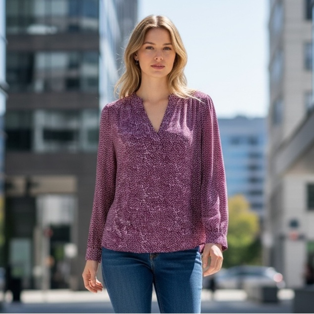 Gap Tunic Pintuck Blouse. 100%Rayon. Long Sleeve. Burgundy White. Size S #143